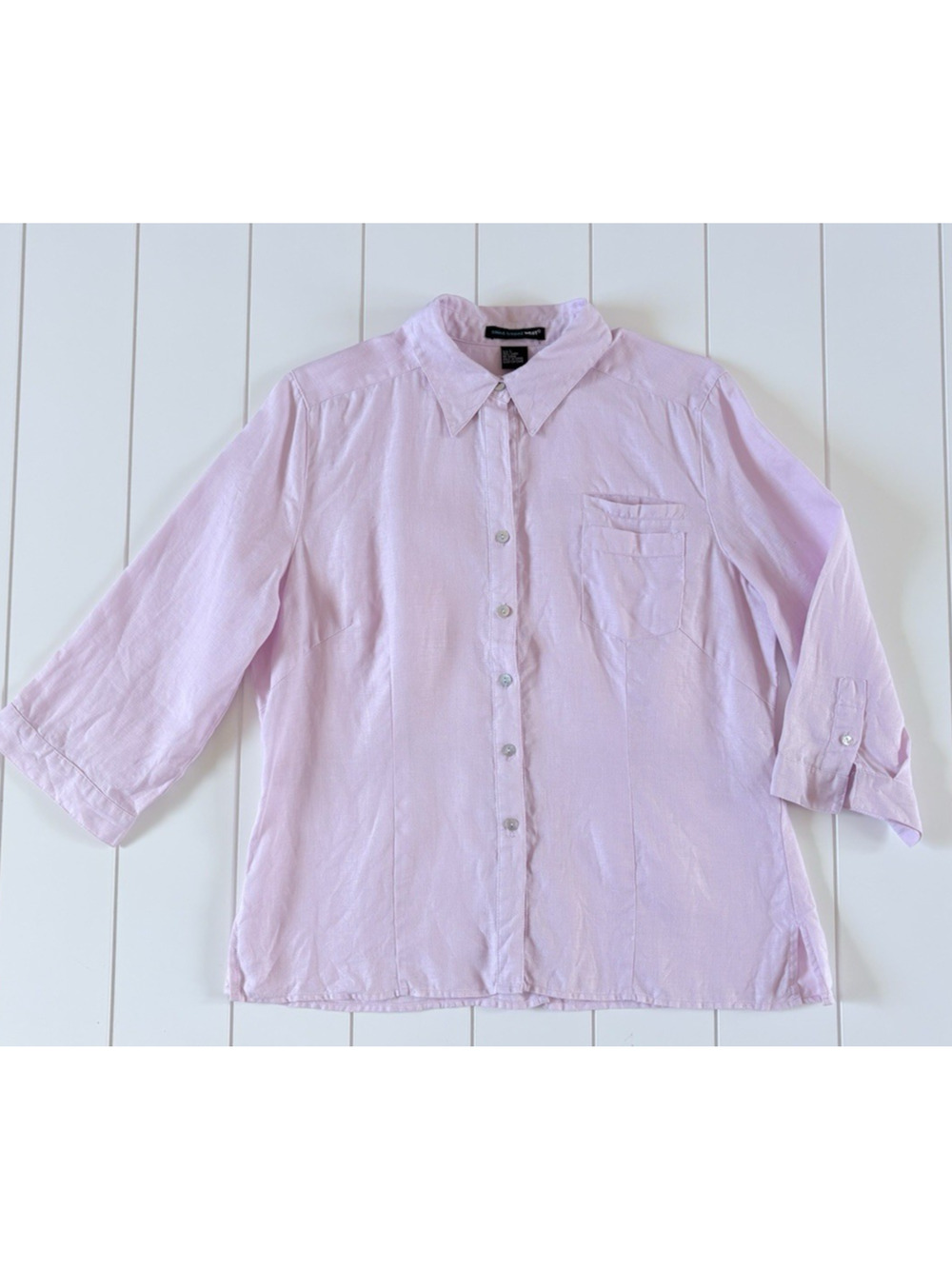 Saint Tropez West Pastel Pink Linen Button Up Shirt Womens L 3/4 Sleeves Coastal